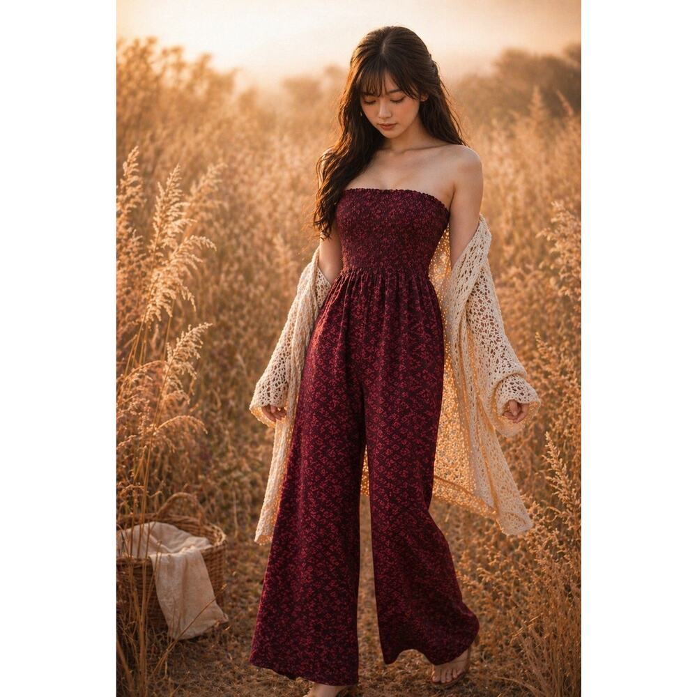 Hollister Golden Dusk Burgundy Strapless Boho Romper Flowy Wide Leg Meadowlight